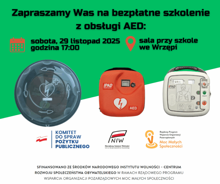 Bezpłatne szkolenie z obsługi defibrylatora AED dla mieszkańców Wrzępi i okolic (22 listopada 2025)